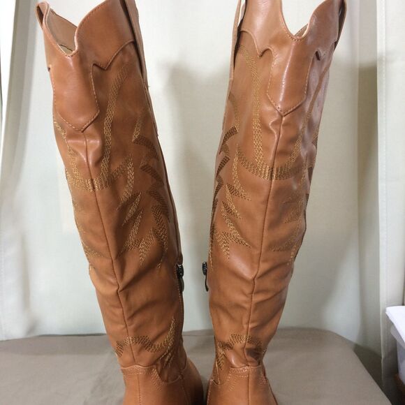 NEW Brown Cowboy Boots Faux Leather Size 8 Western Tall Pointed Toe Zip - Picture 4 of 8